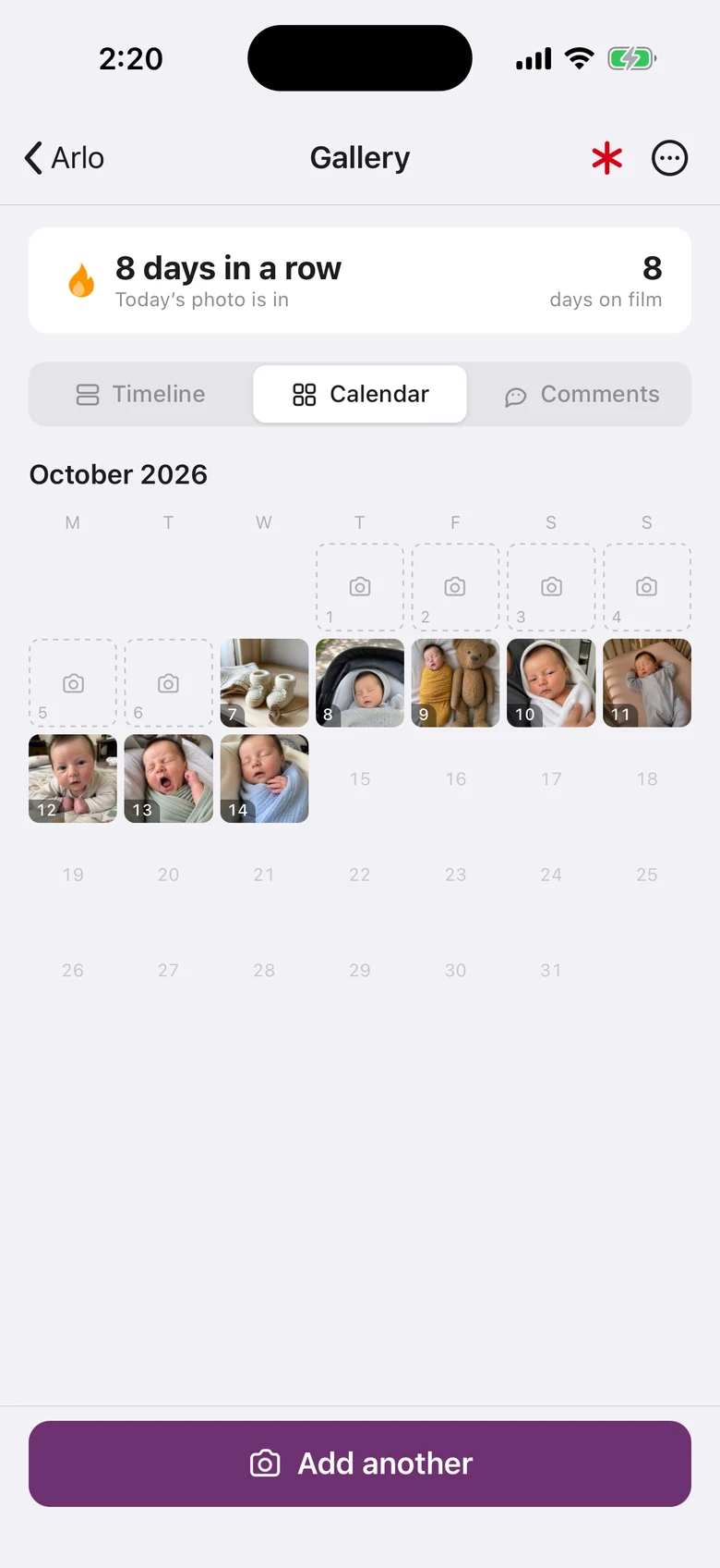 The gallery's calendar: October 2026 with a photo on every one of the last eight days.