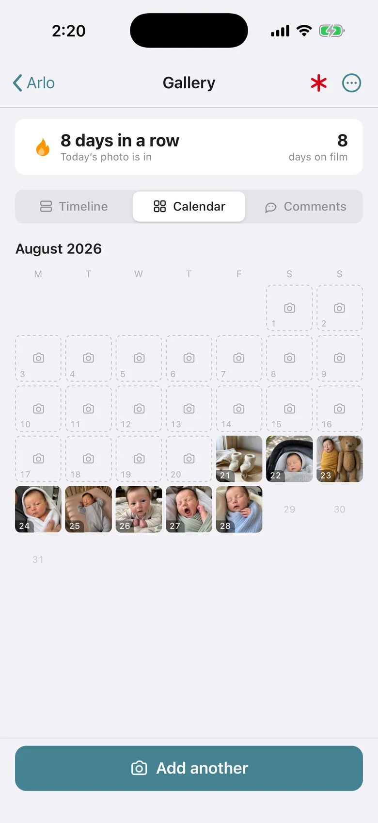 The gallery's calendar: August 2026 with a photo on every one of the last eight days.