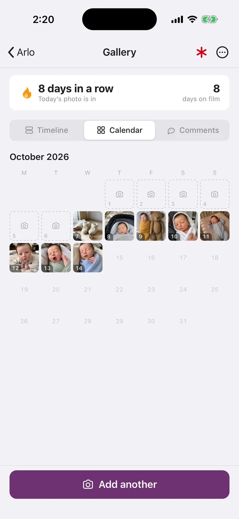 The gallery's calendar: October 2026 with a photo on every one of the last eight days.