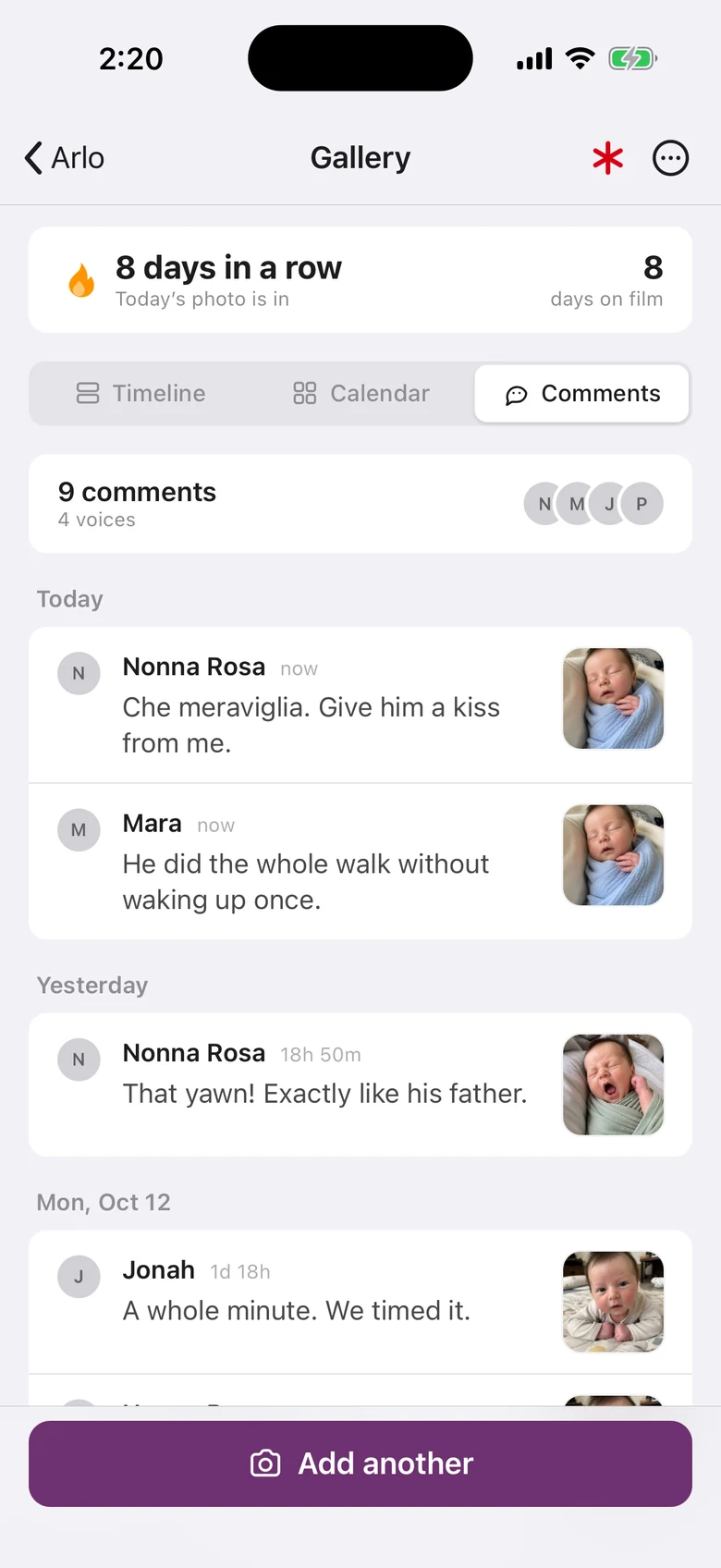 The comment thread: nine comments in four voices, Nonna Rosa writing “Che meraviglia. Give him a kiss from me.”