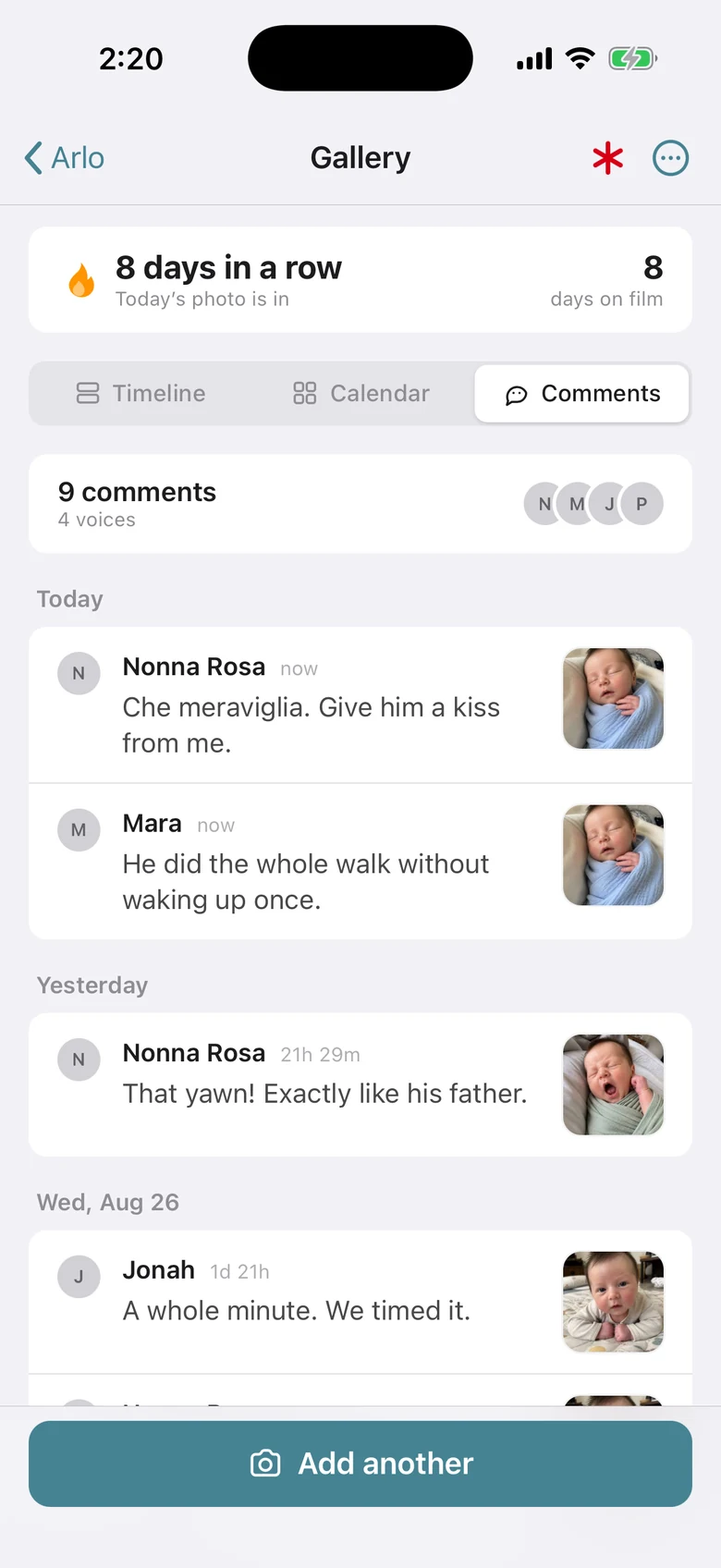 The comment thread: nine comments in four voices, Nonna Rosa writing “Che meraviglia. Give him a kiss from me.”