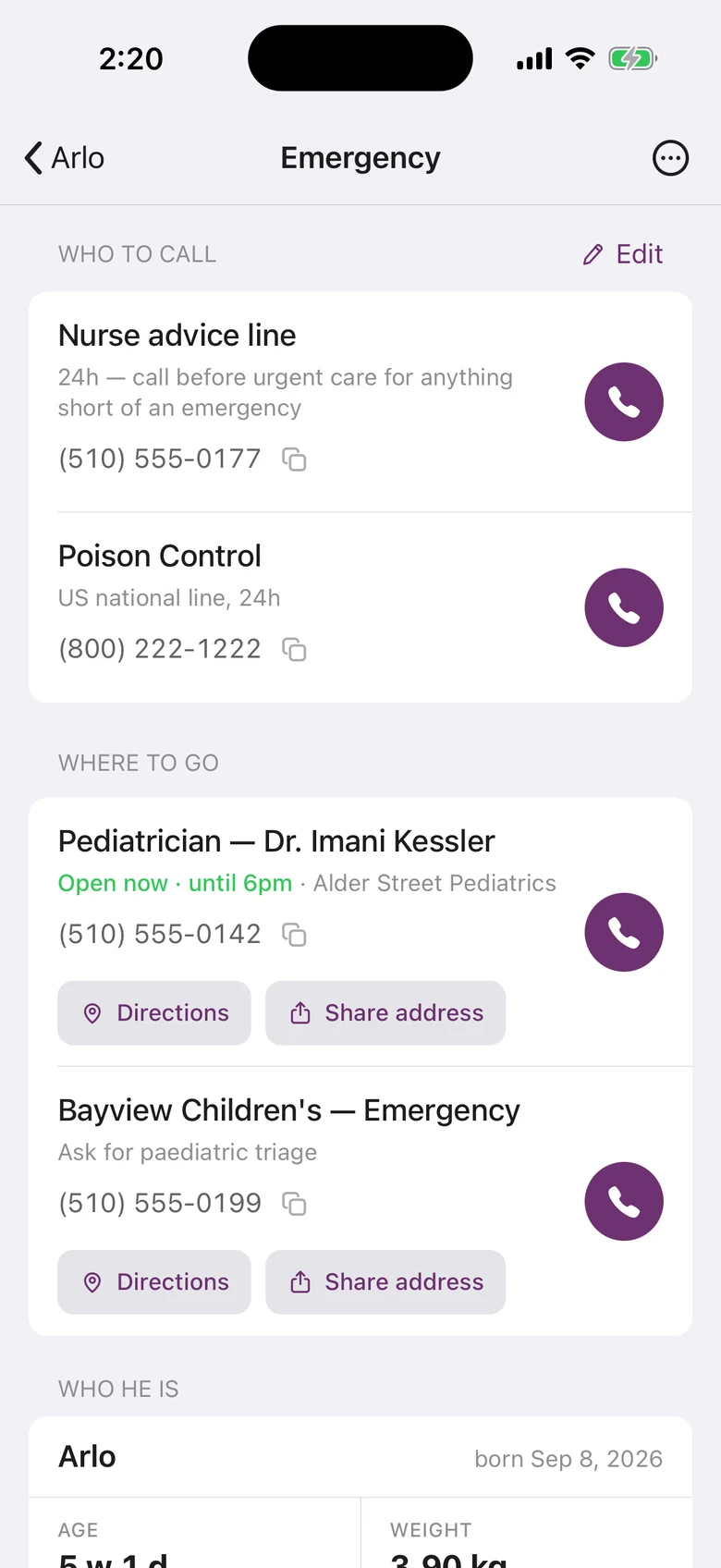 The emergency card: nurse advice line, poison control, the pediatrician, and the children's hospital, each with a call button.