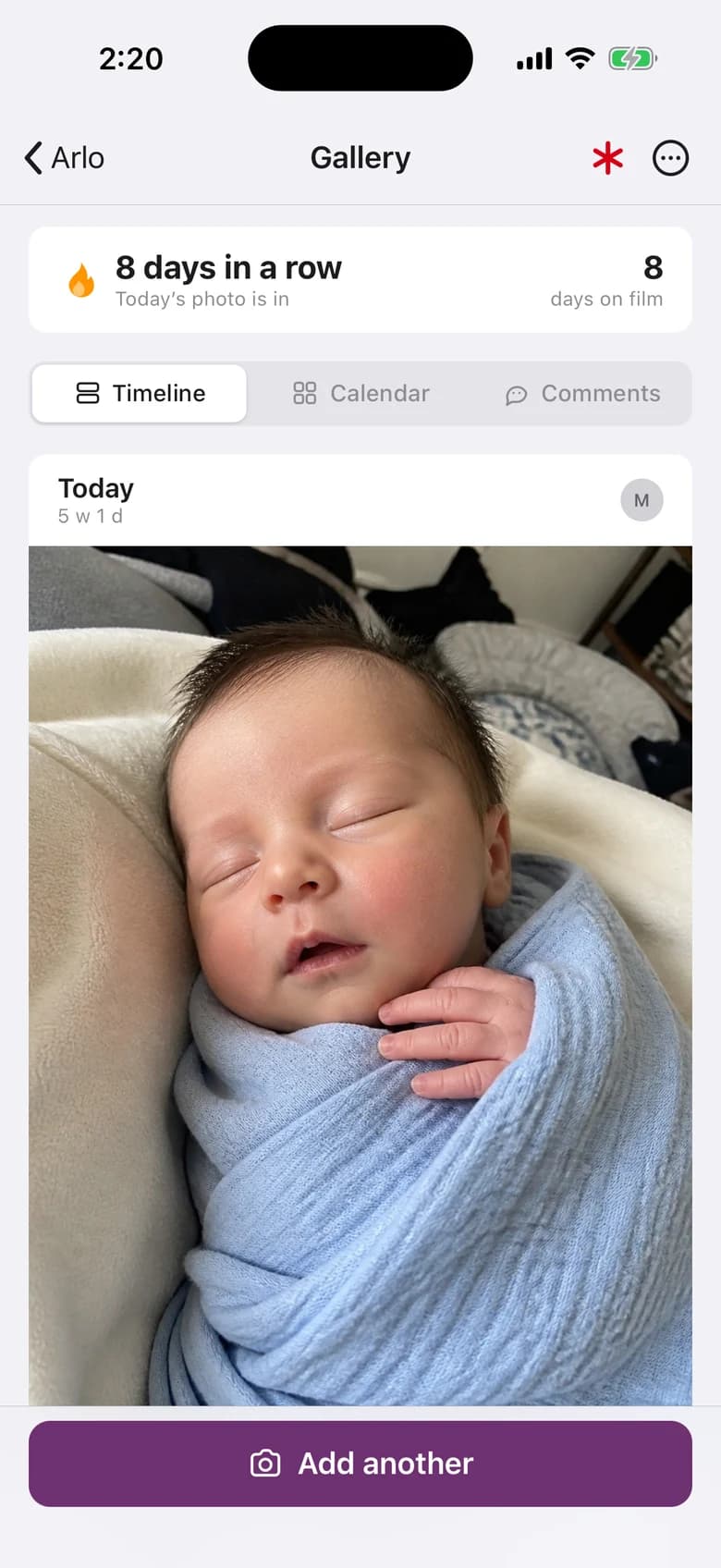 The gallery: eight days in a row, and today's photo of Arlo swaddled and asleep.