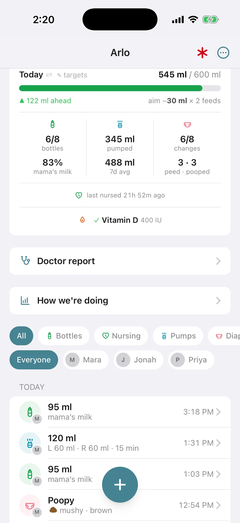 The day's entries under filters for type and person: bottles, a nursing session, pumps and diapers, each tagged with the initial of who logged it.