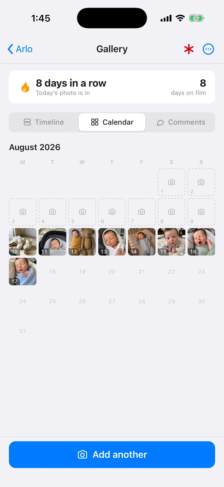 The gallery's calendar: August 2026 with a photo on every one of the last eight days.