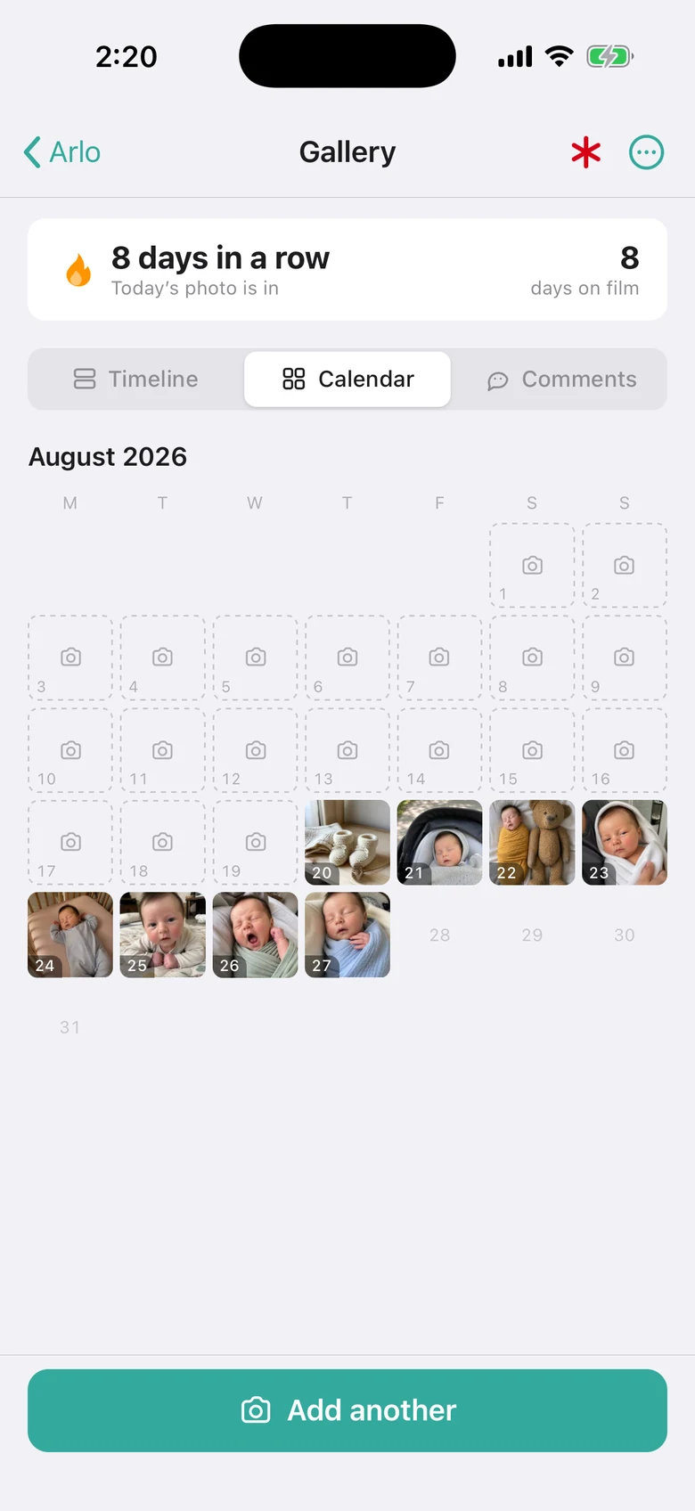 The gallery's calendar: August 2026 with a photo on every one of the last eight days.