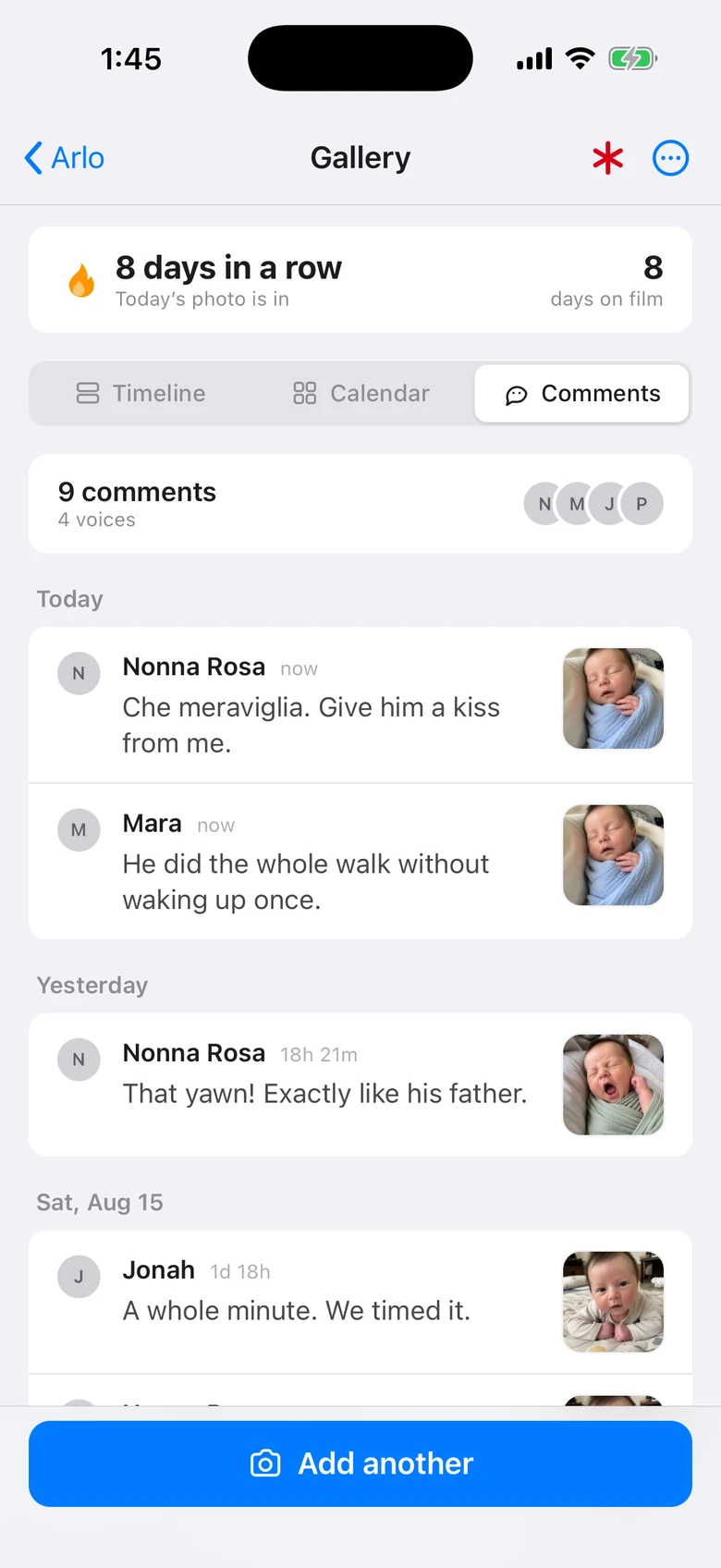 The comment thread: nine comments in four voices, Nonna Rosa writing “Che meraviglia. Give him a kiss from me.”