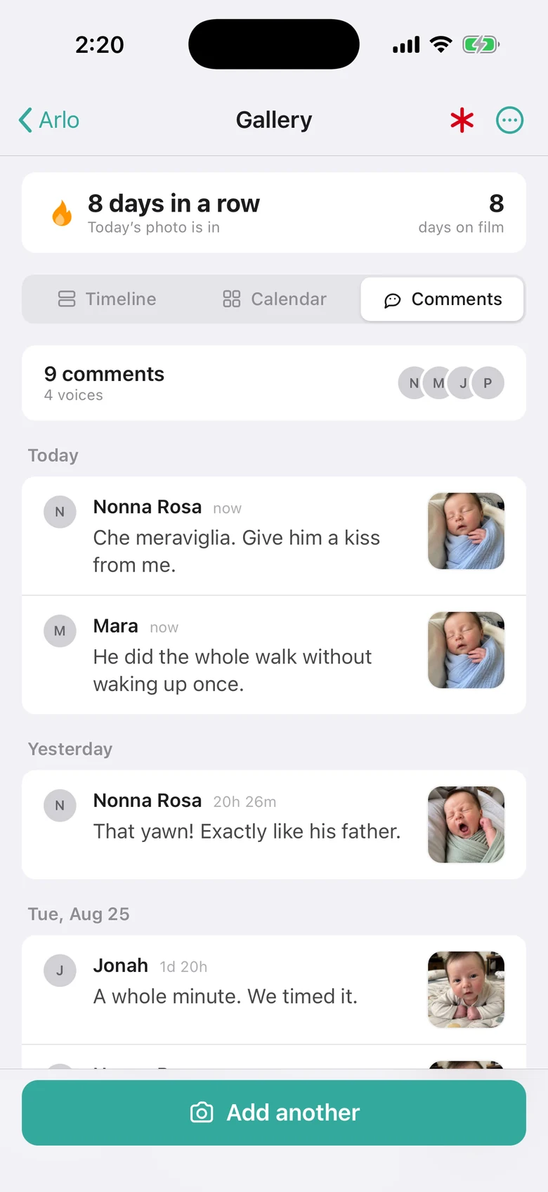 The comment thread: nine comments in four voices, Nonna Rosa writing “Che meraviglia. Give him a kiss from me.”