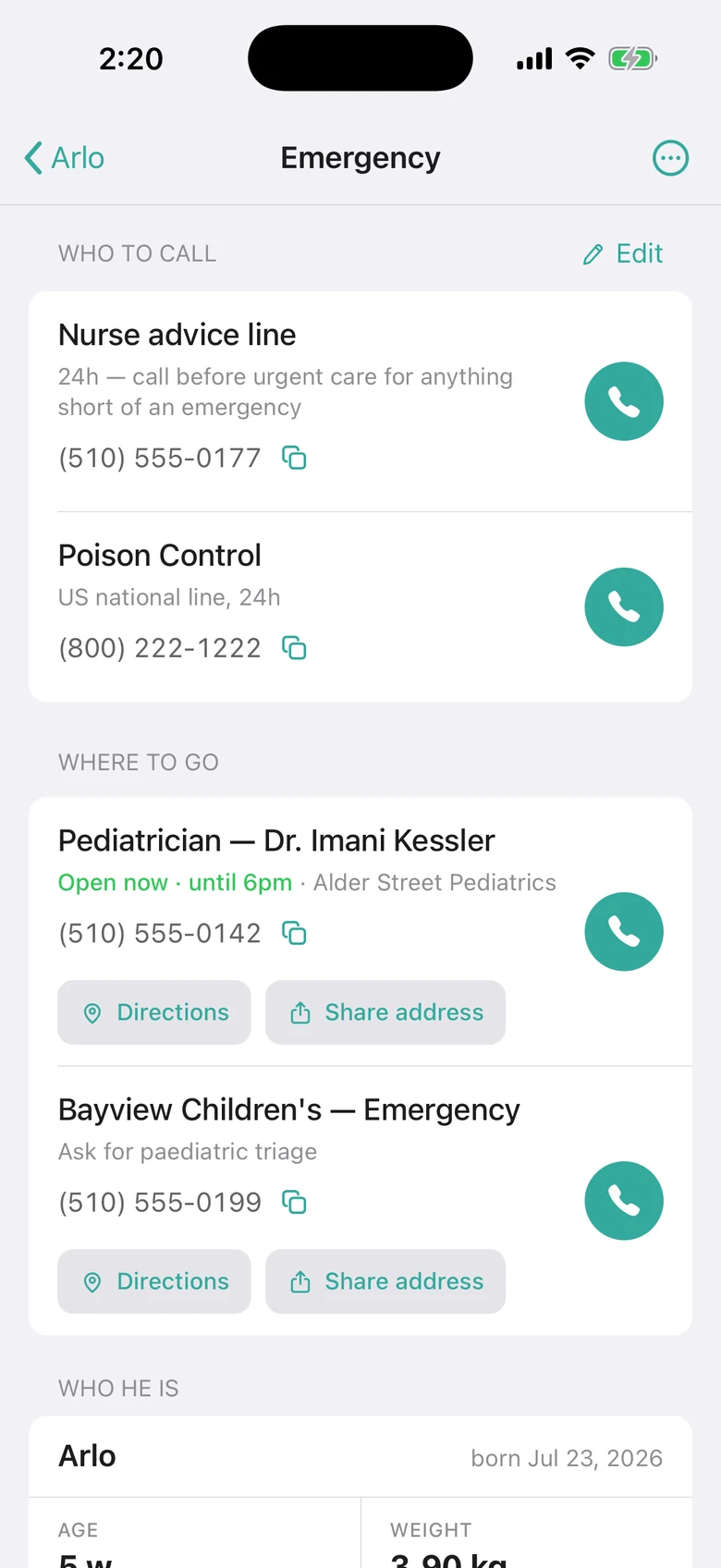 The emergency card: nurse advice line, poison control, the pediatrician, and the children's hospital, each with a call button.