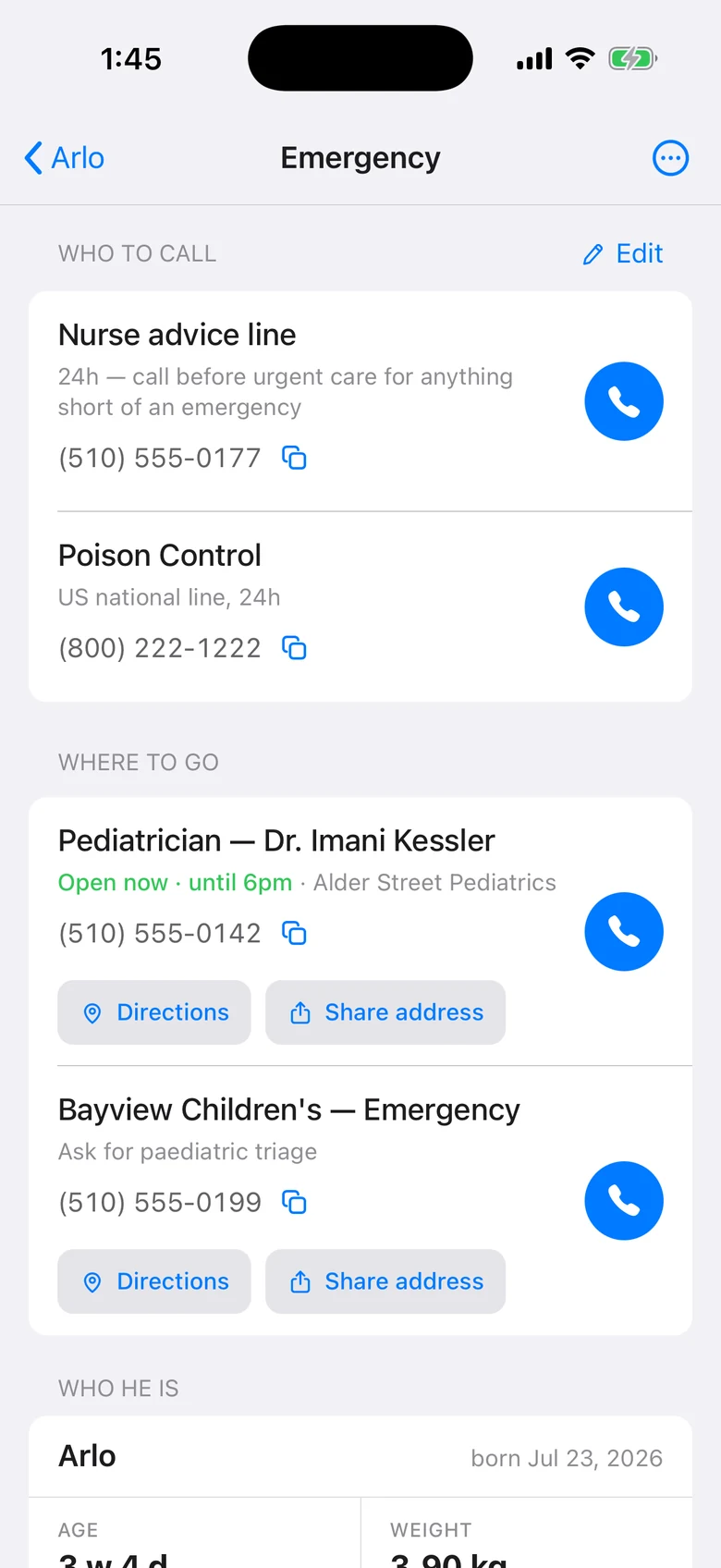 The emergency card: nurse advice line, poison control, the pediatrician, and the children's hospital, each with a call button.