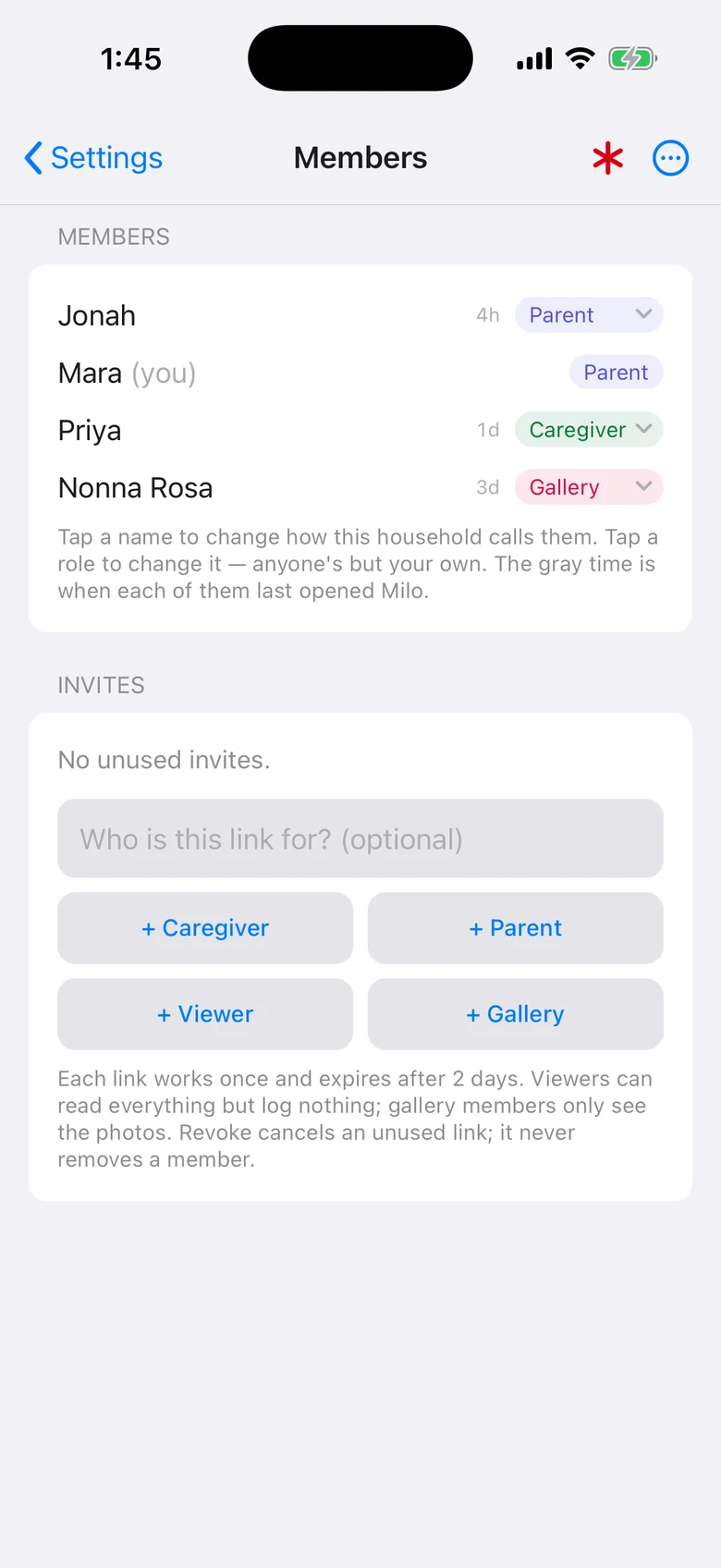 The members screen: Jonah and Mara as Parent, Priya as Caregiver, Nonna Rosa as Gallery.