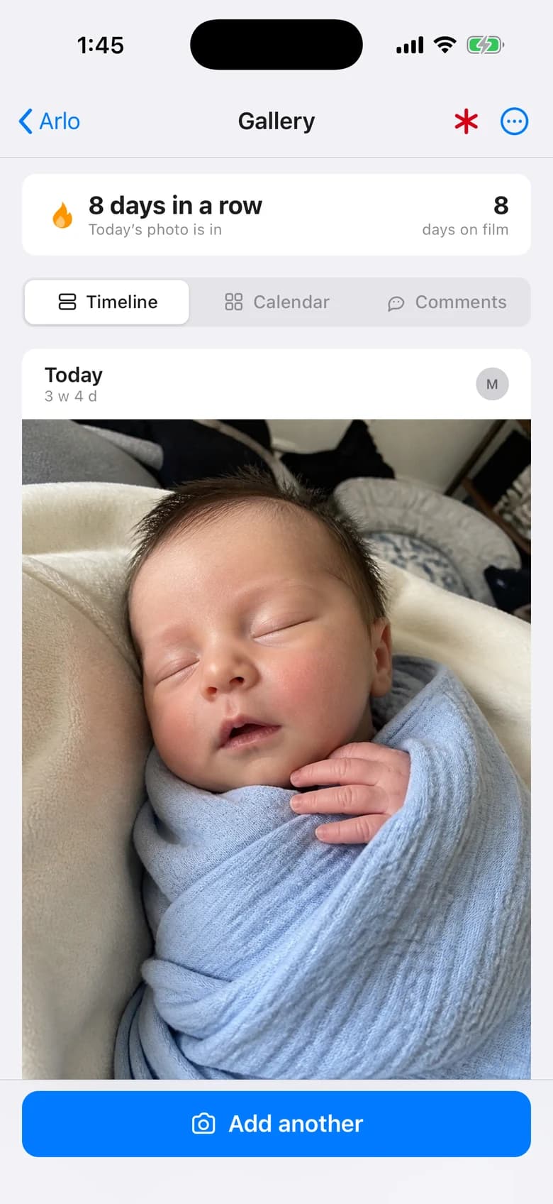 The gallery: eight days in a row, and today's photo of Arlo swaddled and asleep.