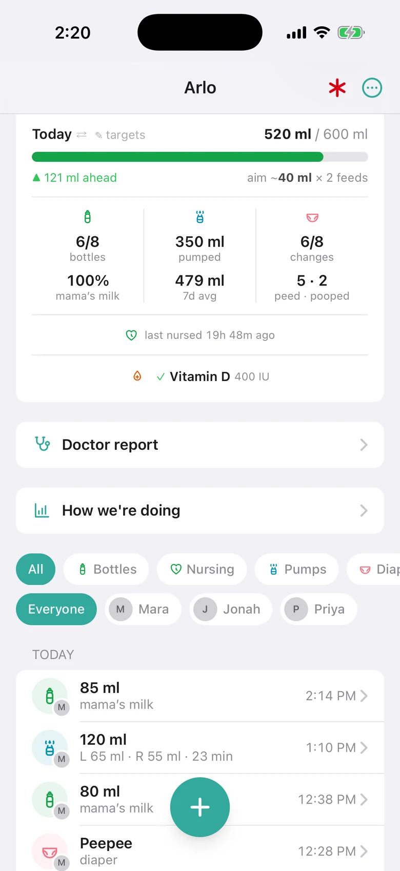 The day's entries under filters for type and person: bottles, a nursing session, pumps and diapers, each tagged with the initial of who logged it.