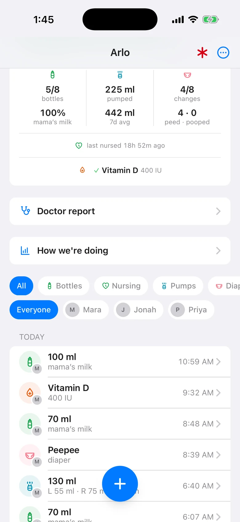 The day's entries under filters for type and person: bottles, a nursing session, pumps and nappies, each tagged with the initial of who logged it.