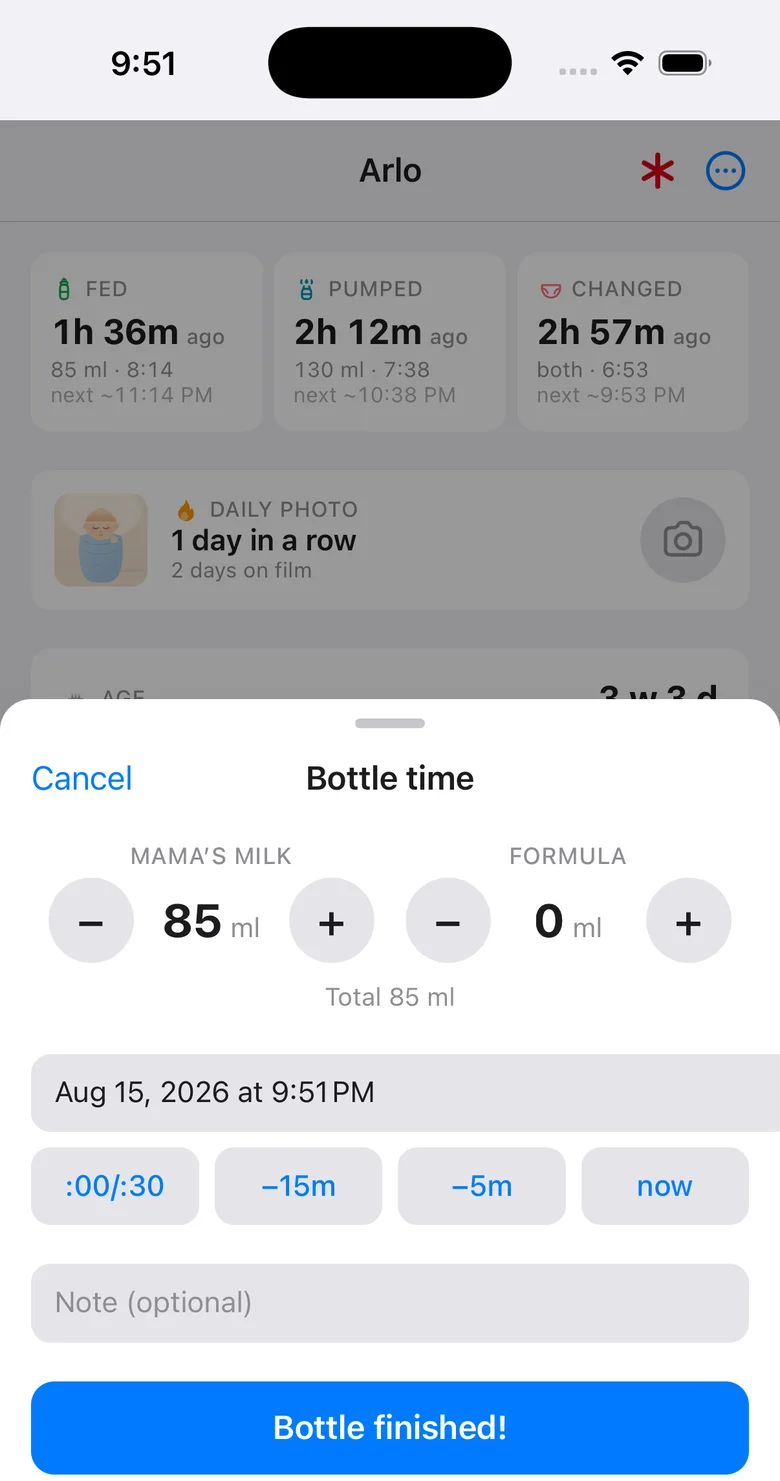 The bottle sheet: 85 ml of mama's milk, 0 ml formula, the time, and a Bottle finished button.