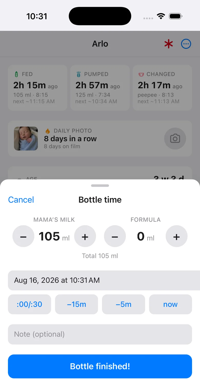 The bottle sheet, prefilled from the last feed: 105 ml of mama's milk, 0 ml formula, the time with quick nudges, and a Bottle finished button.