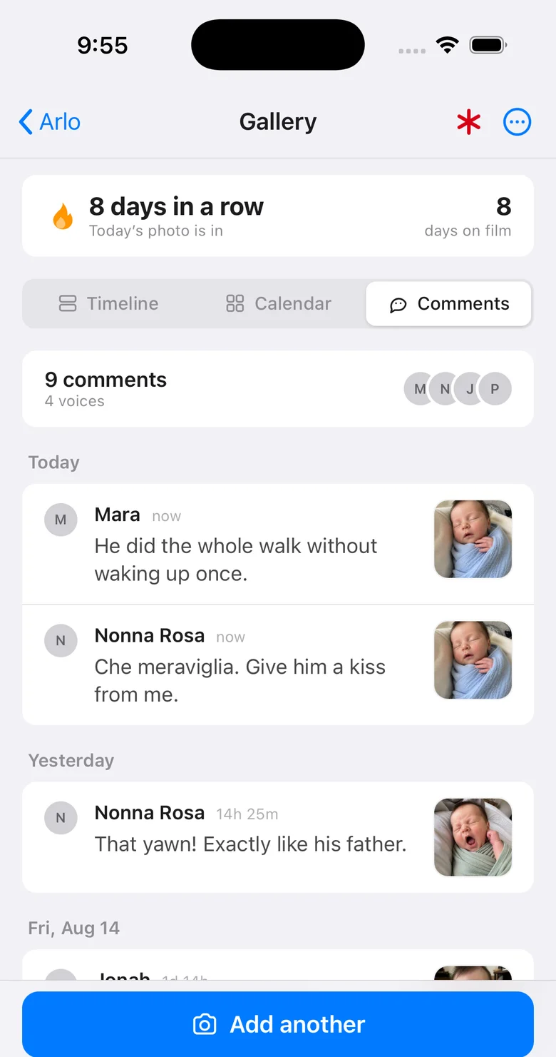 The comment thread: nine comments in four voices, Nonna Rosa writing “Che meraviglia. Give him a kiss from me.”