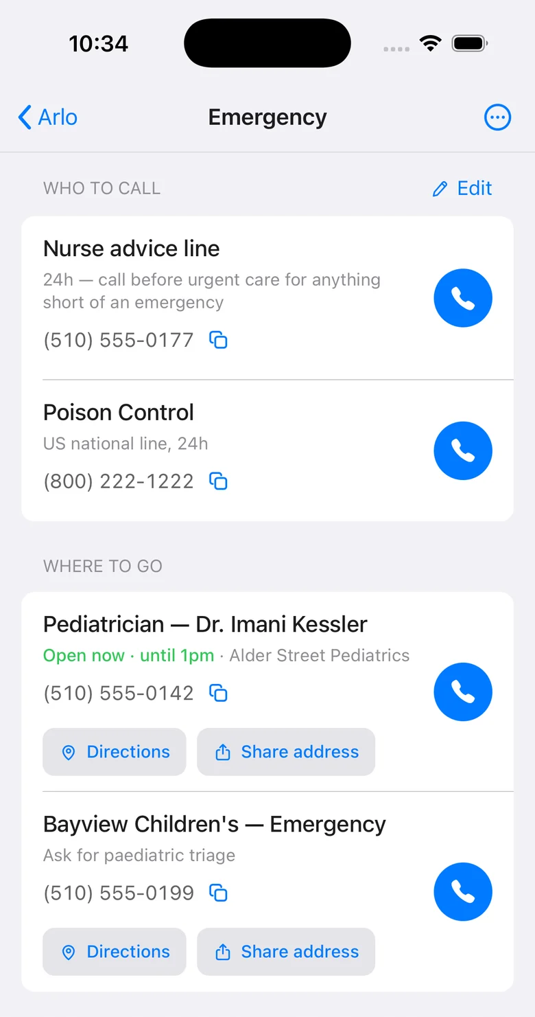 The emergency card: nurse advice line, poison control, the pediatrician marked closed now, and the children's hospital, each with a call button.