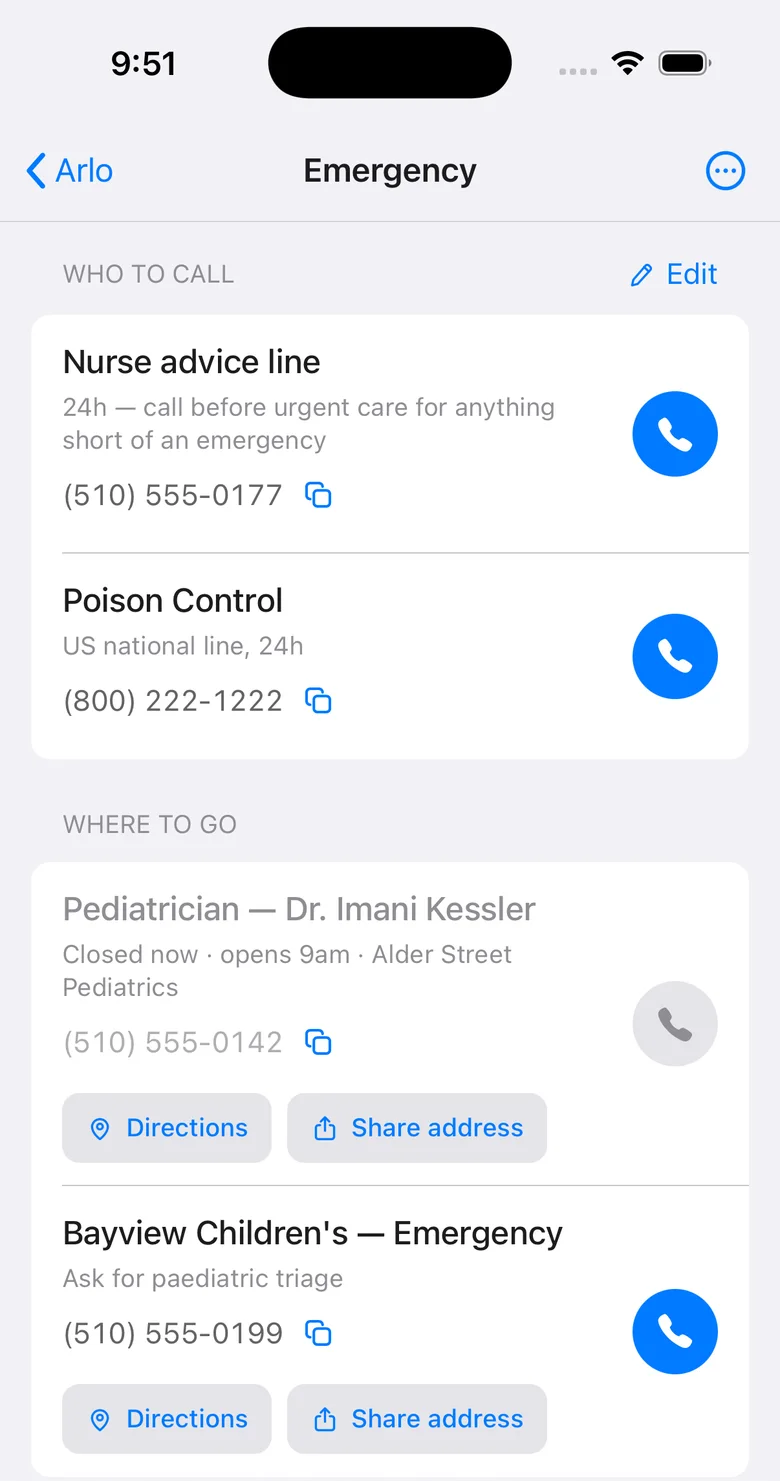 The emergency card: nurse advice line, poison control, the pediatrician marked closed now, and the children's hospital, each with a call button.