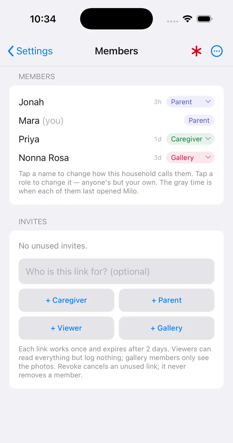 The members screen: Jonah and Mara as Parent, Priya as Caregiver, Nonna Rosa as Gallery, each with when they last opened Milo.