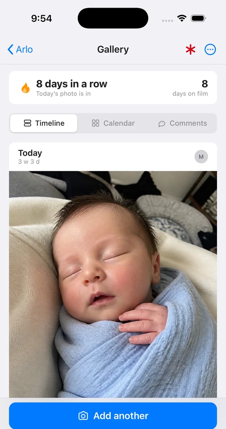 The gallery: eight days in a row, and today's photo of Arlo swaddled and asleep.