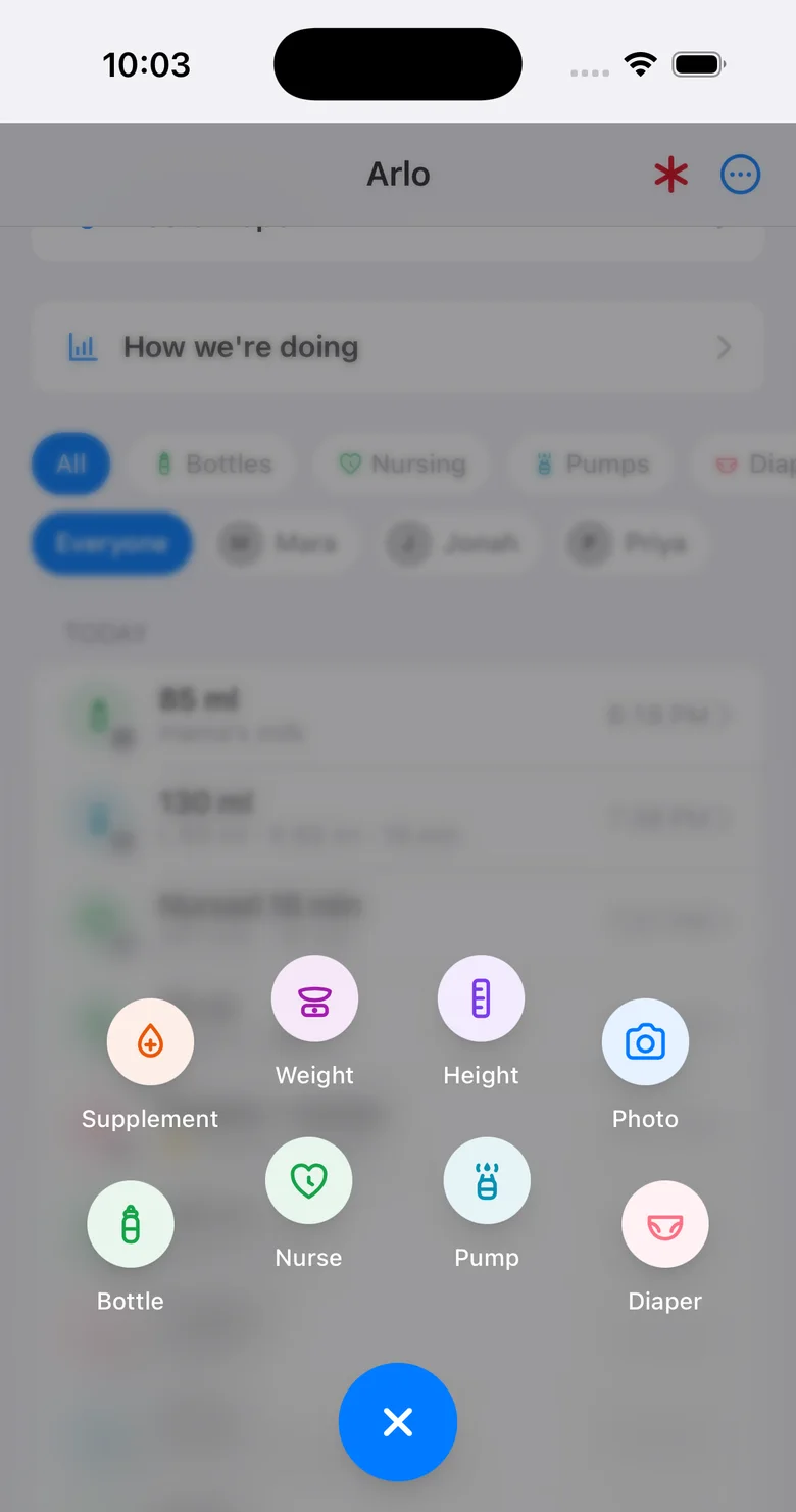 The log button opens eight round shortcuts: bottle, nurse, pump, diaper, supplement, weight, height, photo.