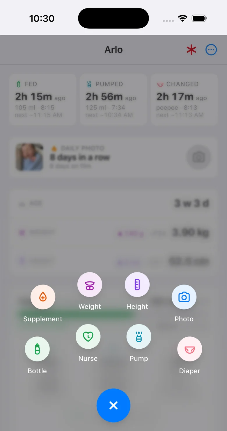 The log button opens eight round shortcuts: bottle, nurse, pump, diaper, supplement, weight, height, photo.