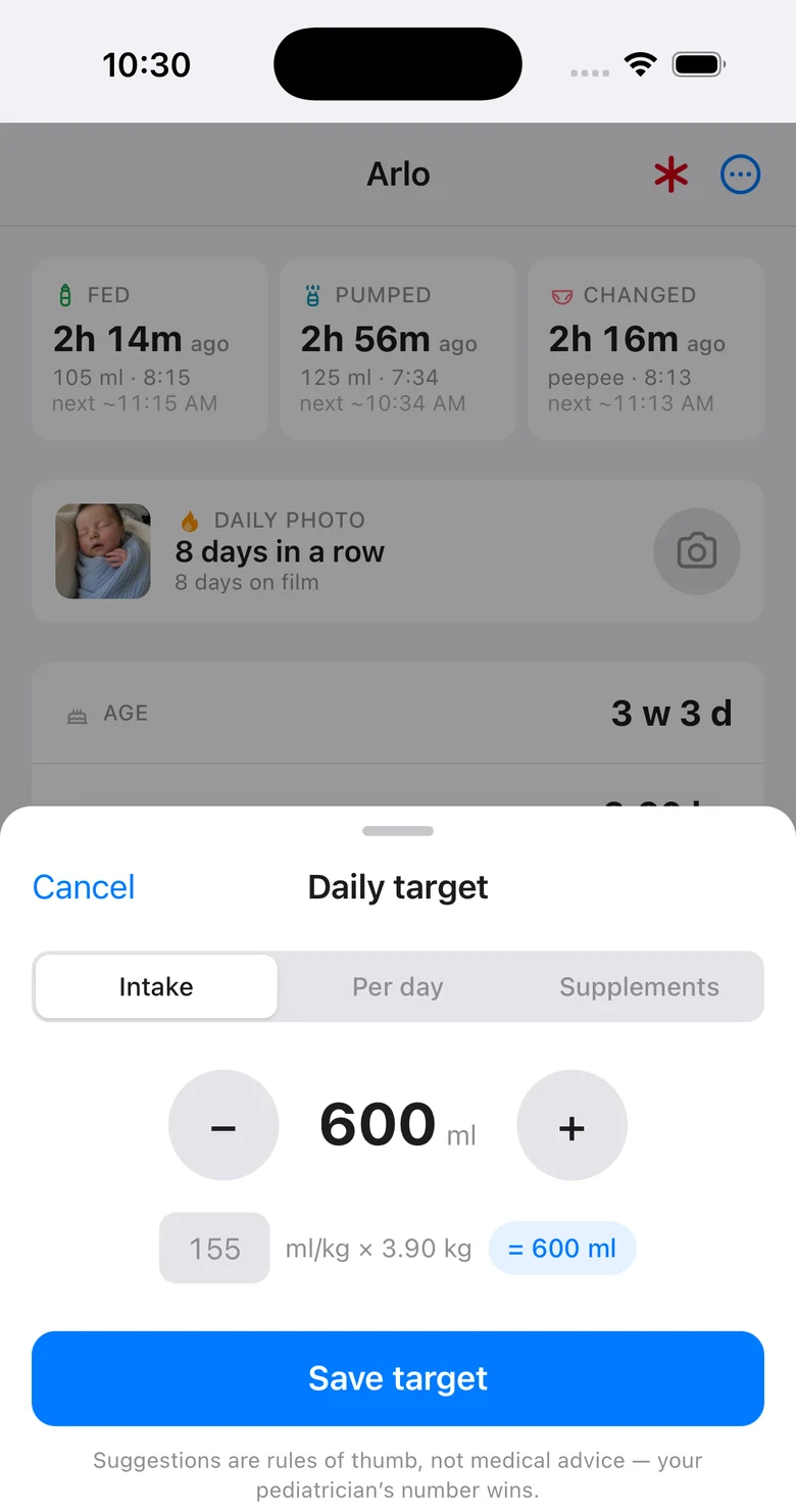 The daily target sheet: 600 ml, computed from 155 ml per kg at 3.90 kg, over the dashboard.