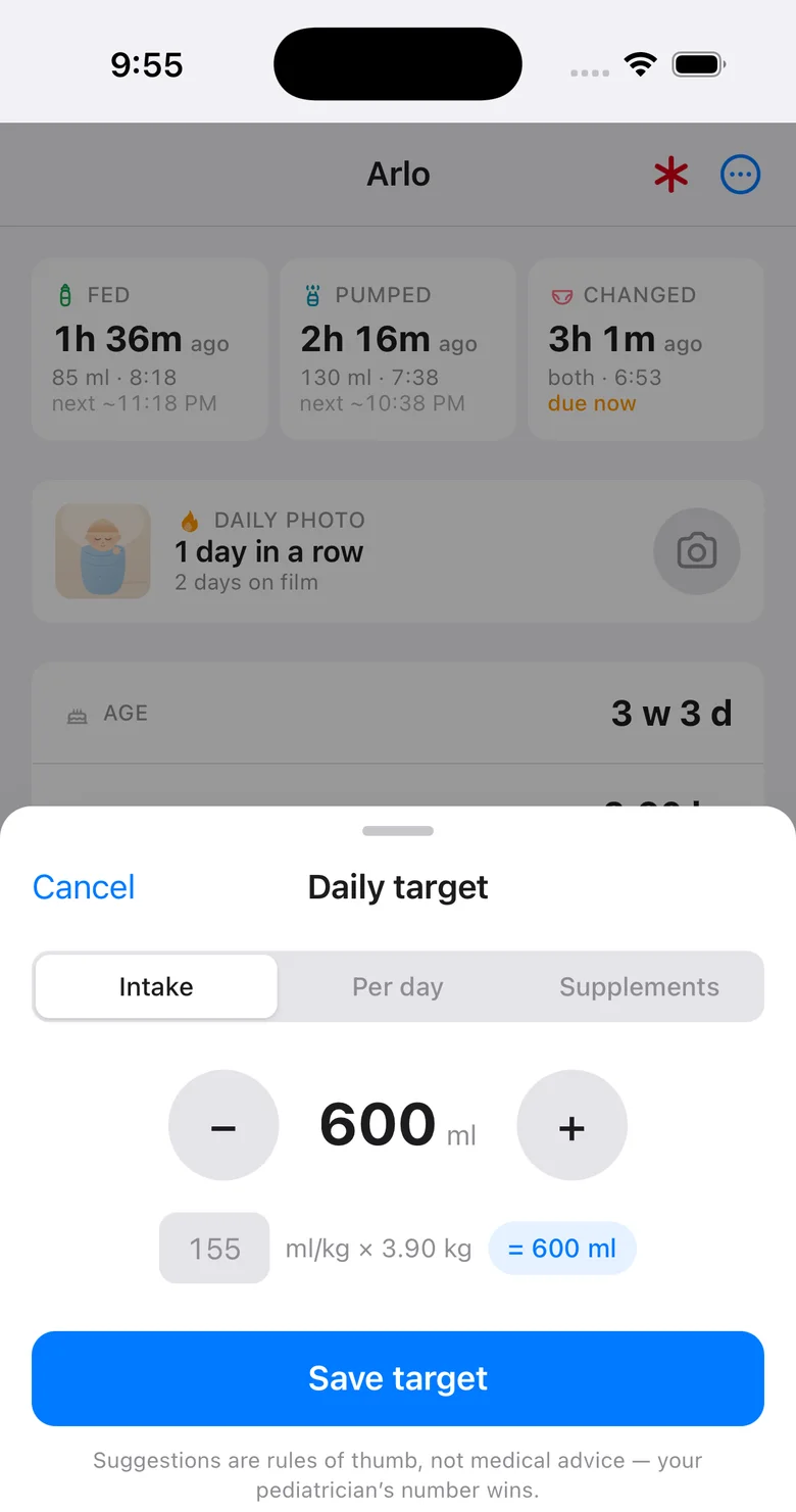 The daily target sheet: 600 ml, computed from 155 ml per kg at 3.90 kg, over the dashboard.