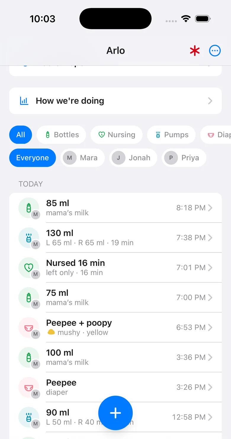 The day's entries: bottles, a 16 minute nursing session, pumps and nappies, each tagged with who logged it.