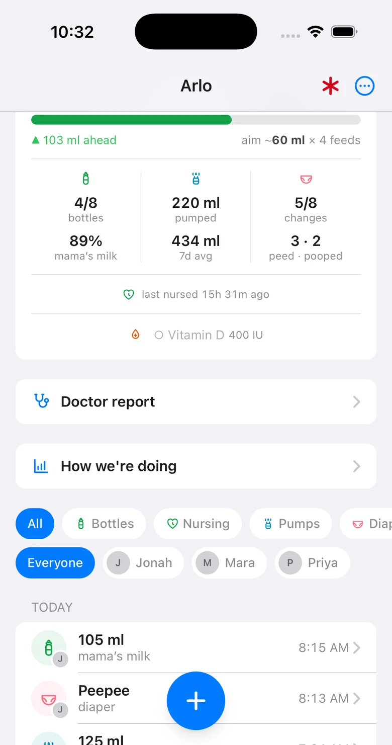 The day's entries under filters for type and person: bottles, a nursing session, pumps and nappies, each tagged with the initial of who logged it.